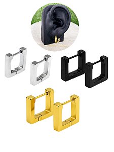 Brinco Argola 10mm Masculino Feminino Quadrado Retangulo Geométrico Preto Prata Dourado Aço Inox