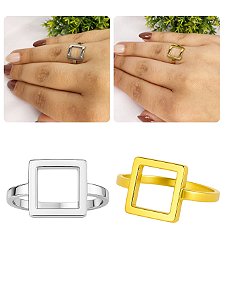 Anel Feminino Retangular Quadrado Vazado Aço Inox Prata Dourado Minimalista Delicado