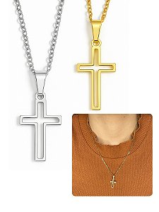 Colar Cordão 50cm Feminino Masculino Pingente Cruz Vazada Prata Dourado Aço Inox A Prova D'Água