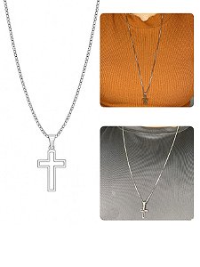 Cordão Colar Veneziana Longo 70cm Masculino Feminino Pingente Cruz Vazada Prata Aço Inox Minimalista
