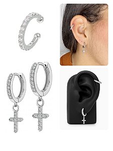 Kit Brinco Argola Pingente Cruz + Piercing Helix Cravejado Zircônias Aço Inox Premium Unissex
