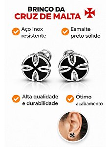Par Brinco Piercing Cruz De Malta Preto Resinado Prata Aço Inox Antialérgico Unissex Vasco