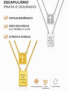 Cordão Escapulário 60cm Livrai-nos Do Mal Cruz Prata Dourado Aço Inox Pode Molhar Unissex