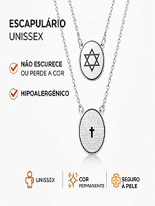 Cordão Escapulário 60cm Oval Estrela de Davi Oração Pai Nosso Prata Pode Molhar Aço Inox Unissex