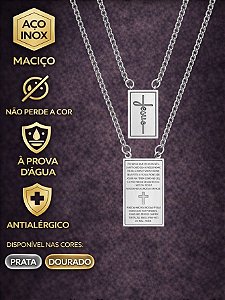 Cordão Escapulário 60cm Jesus Oração Pai Nosso Prata Dourado Aço Inox Pode Molhar Unissex
