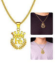 Cordão 50cm Infantil Aço Inox Pingente Fé Coroa Louro Dourado Masculino Feminino Não Escurece
