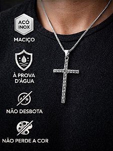 Corrente Cordão 70cm Crucifixo Escama Cobra Prata Rock Aço Inox Gótico Cruz Masculino