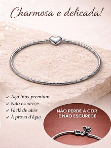 Pulseira Pandora 19cm Aço Inoxidável Para Berloques Prata Fecho De Coração Feminino