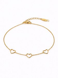 Pulseira 3 Corações Vazados Dourado Prata Minimalista Aço Inox Feminina Não Escurece