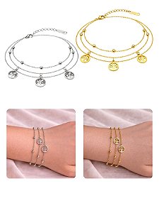 Pulseira 3 em 1 Árvore da Vida Bolinhas Prata Dourado Aço Inox Feminina Elegante Não Escurece
