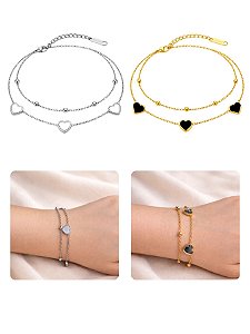 Pulseira Dupla Coração Madrepérola Preto Branco Aço Inox Prata Dourado Bolinha Elegante Feminino