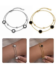 Pulseira Feminina Numerais Romanos Diamante Preto Branco Aço Inox Prata Dourado Bolinha Elegante
