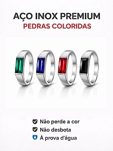 Anel Flat Pedra Preto Verde Azul Vermelho Aço Inox Prata Dedeira Onix Quadrada Não Escurece