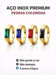 Anel Flat Pedra Preto Verde Azul Vermelho Aço Inox Dourado Dedeira Onix Quadrada Não Escurece