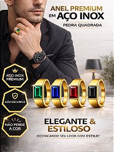 Anel Comendador Dourado Pedra Preto Verde Azul Vermelho Aço Inox Dedeira Quadrada Não Escurece