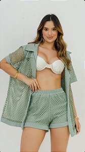 CONJUNTO SHORT + KIMONO EM TELINHA (Verde Sálvia)
