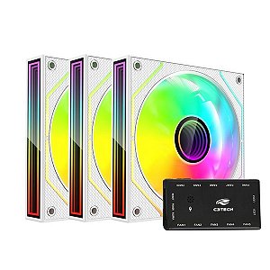 Cooler Fan 120x120x25mm F9-L650WH C3Tech Gaming (Kit 3 Fans Branco + Hub Controladora)