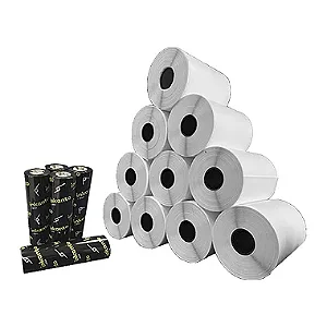 Kit 10 Un Rolos Etiqueta 50X30mm Couchê Adesiva + 5 Ribbons Cera