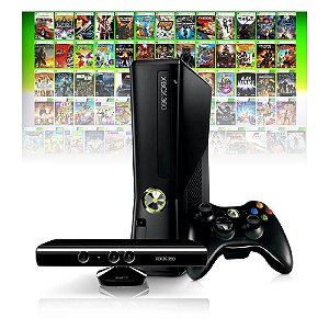 Console Xbox 360 Slim / Super Slim (Destravado) + Kinect + Jogos na memória - Seminovo