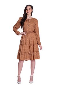 Vestido Thayla em crepe estampa Poá Caramelo Hapuk
