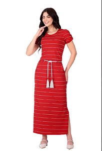 Vestido Ingrid em malha listrada e ribana Vermelho Hapuk