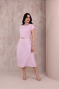 Vestido em Viscose Midi Rosa com cinto Noemi Jana Marcal