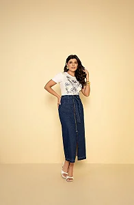 Saia Jeans Com Faixa e Ziper Frontal Hadaza