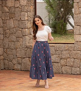 SAIA EM DENIM JUREMA BORDADO VERMELHO VALENTINA SIRRAH