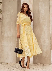 VESTIDO MIDI AMARELO TOQUE DE SEDA JULIA  JANY PIM