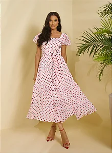 VESTIDO MIDI OFF-WHITE COM POÁ VERMELHO ISIS  JANY PIM