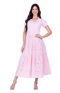 Vestido Sophia em Malha lisa com laise de algodão Rosa Hapuk