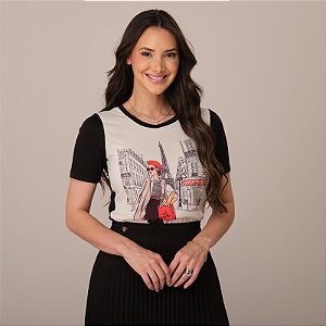 Blusa Curta Estampada Cintia Paris Preta - Tata Martello