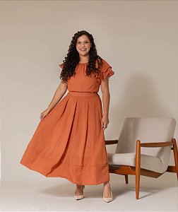 VESTIDO MIDI EM CREPE MANGAS DUPLAS ITAJUBÁ FERRUGEM VALENTINA SIRRAH