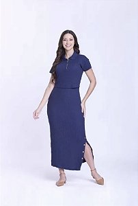 Vestido Fátima Confeccionado em Malha Canelada Azul - Hapuk