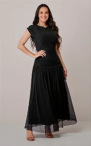 Vestido Longo com Drapeado no Tule Aurora Preto - Tata Martello