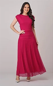 Vestido Longo com Drapeado no Tule Aurora Pink - Tata Martello