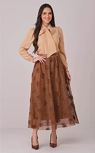 Saia Maxi Midi com Aplicação em Flores Morgana Marrom - Tata Martello