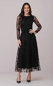 Vestido Maxi Midi em Tule Flocado Tabata Preto - Tata Martello