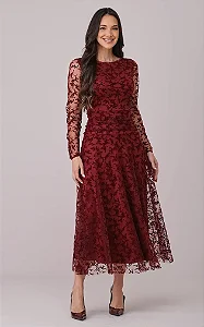 Vestido Maxi Midi em Tule Flocado Tabata Vinho - Tata Martello