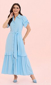 Chemise em Viscolinho Bordada com Botões e Bruna Azul - Aline Cerkunvis