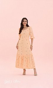 Vestido em Tricoline Bordada Maiara Pessego Aline - Cerkunvis