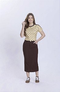 Saia Confeccionada em Jeans Color com Elasticidade Marrom Simone Hapuk