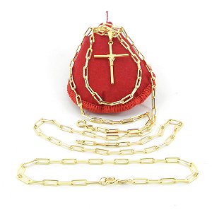 Corrente Masculina 80cm 3mm Cruz Pulseir Folheado Ouro CR681