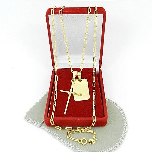Corrente Masculina 60cm 3mm Cruz + Placa Folheada Ouro CR809