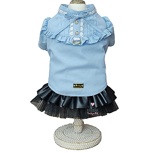 Conjunto de Roupa para Cachorro Blusa Tricoline Azul e Saia Preta