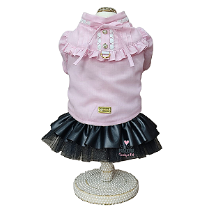 Conjunto de Roupa para Cachorro Blusa Tricoline Rosa e Saia Preta