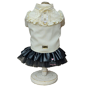 Conjunto de Roupa para Cachorro Blusa Tricoline Amarela e Saia Preta