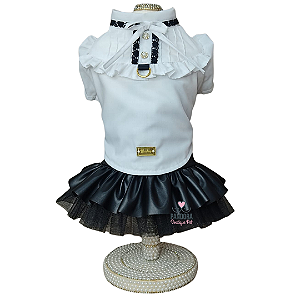 Conjunto de Roupa para Cachorro Blusa Tricoline Branca e Saia Preta