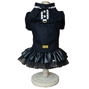 Conjunto de Roupa para Cachorro Blusa Tricoline Preta e Saia Preta