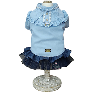 Conjunto de Roupa para Cachorro Blusa Tricoline Azul e Saia Jeans